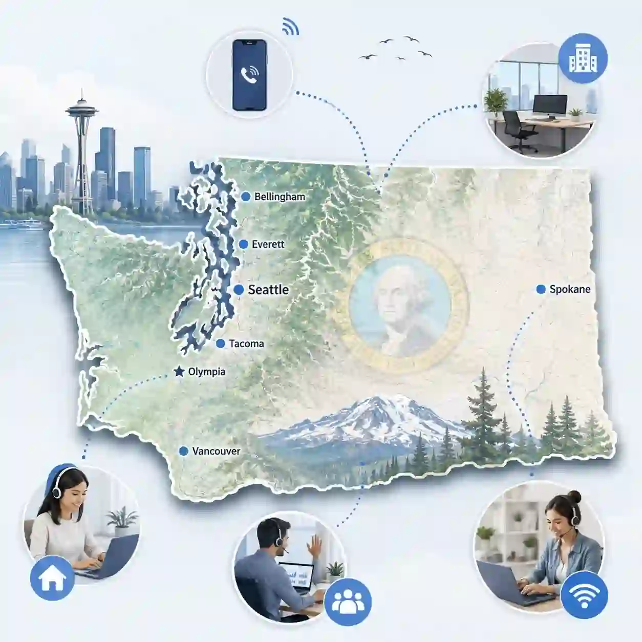 Washington state outline with icons for mobile, office, remote team and call center connected to a central phone pin